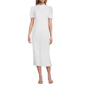 Antonio Melani White Linen Blend Willow Floral Applique Mock Neck Midi Dress
